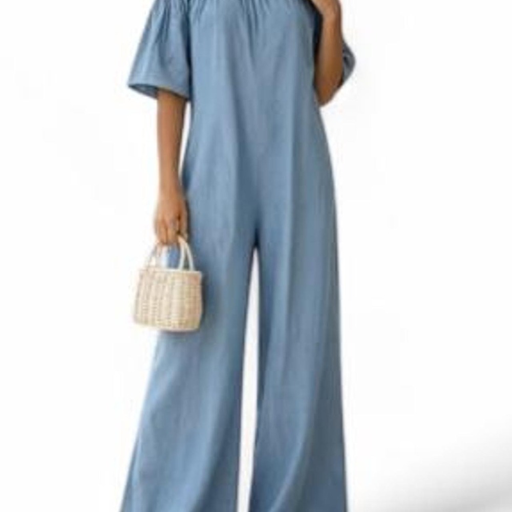 UOOZEE Women's Short Sleeve Off Shoulder Stretch Off Shoulder Wide Leg Jumpsuit